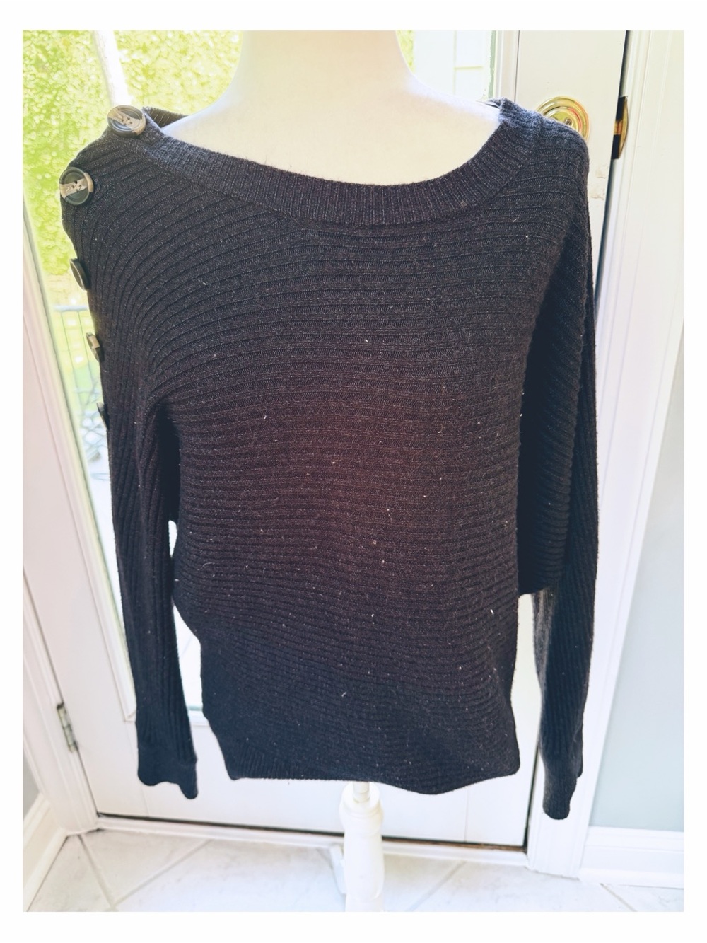 Classic Charcoal Button-Shoulder Ribbed Sweater